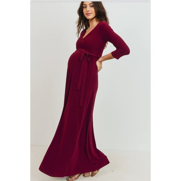 Womens Maternity Tie Front Wrap Maxi V- Neck Dress Size Large Burgundy Elegant - Picture 3 of 12